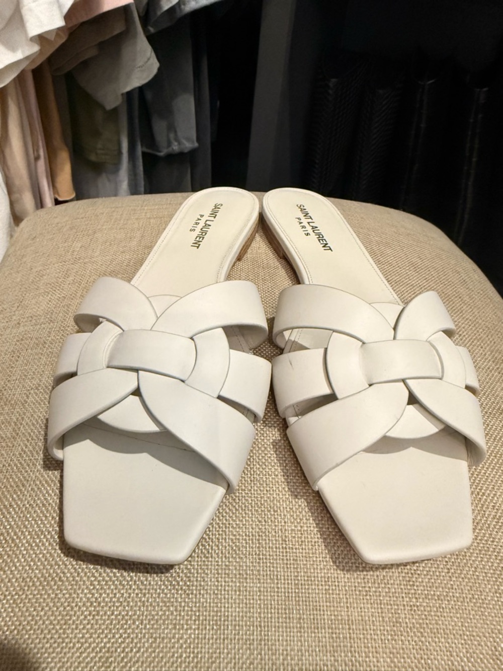 Saint Laurent Tribute White Leather Slide Sandals Flats Size 38.5 worn once box - Picture 9 of 11